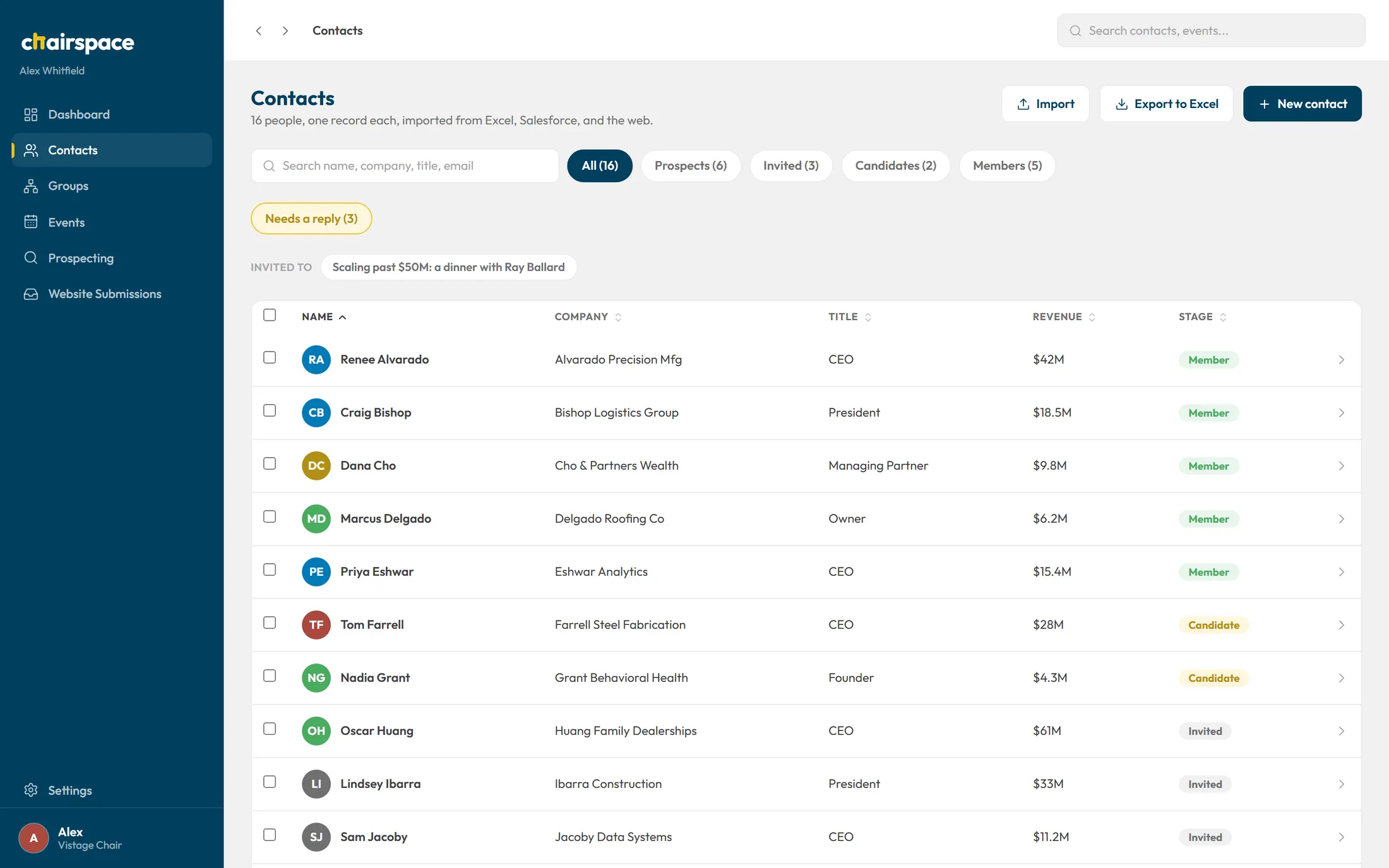 The contacts list in Chairspace, showing sixteen people with company, title, revenue and stage.